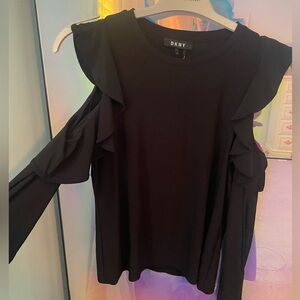 DKNY Black Ruffle Sleeve Cold Shoulder Top Size Small